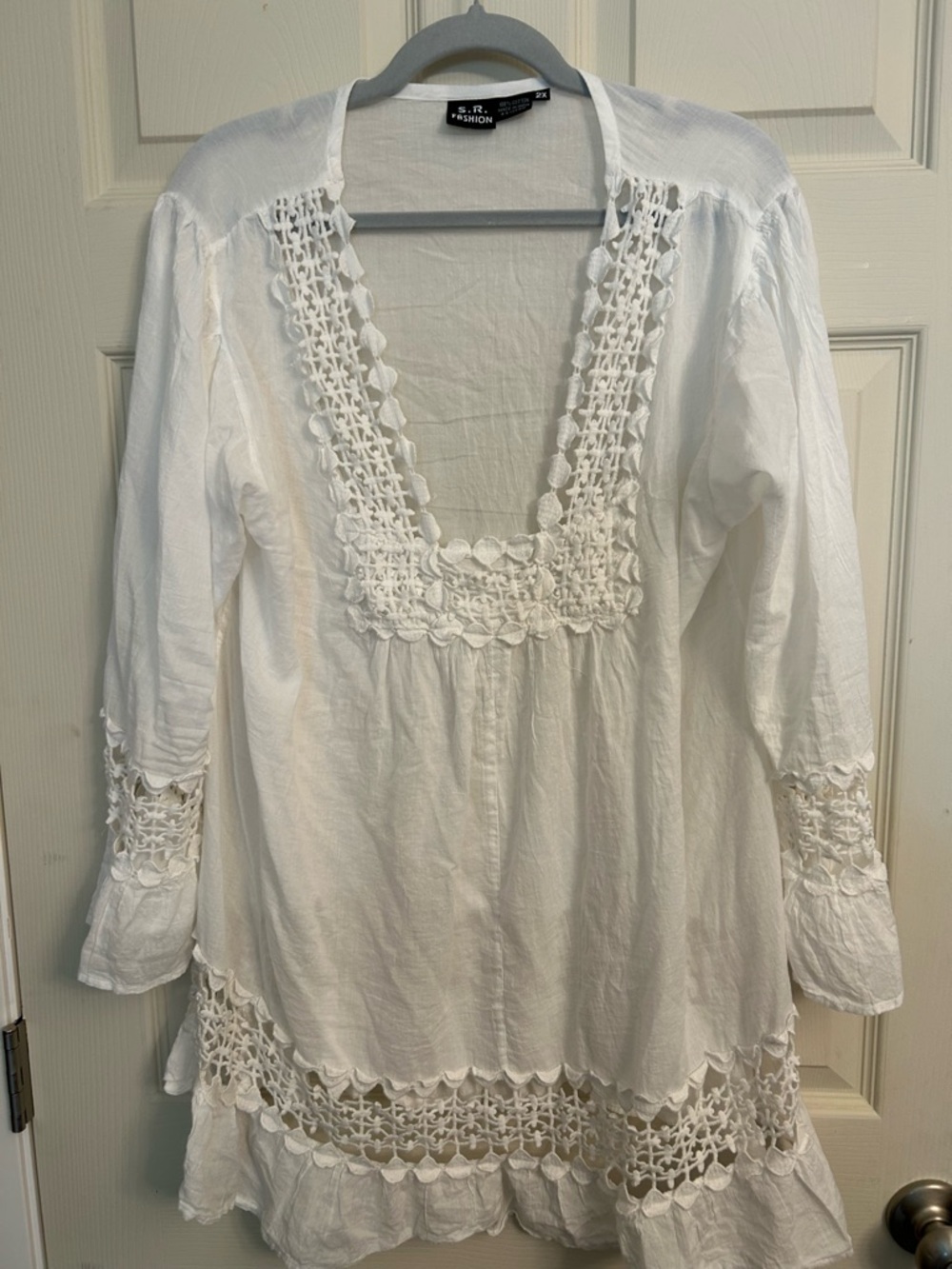White Crochet-Trim Peasant Top